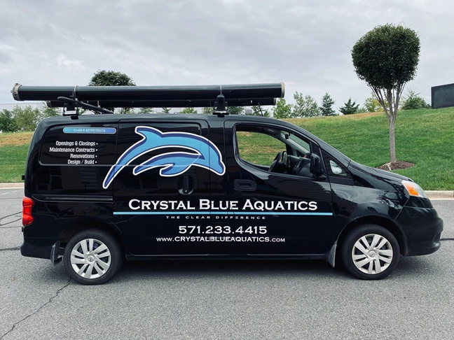 The white and blue colors in Crystal Blue Aquatics logo and lettering really pop on their new company vehicle.