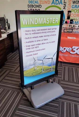 Here is an example of our Windmaster sign. A great option for sturdy signage that allows for interchangeable inserts.